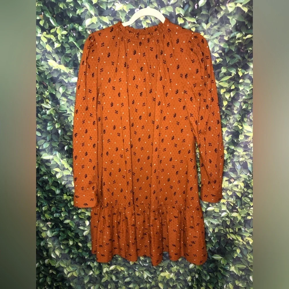 Universal Threads Rust Floral Prairie Babydoll Boho Long Sleeve Ruffle Dress - Picture 6 of 15